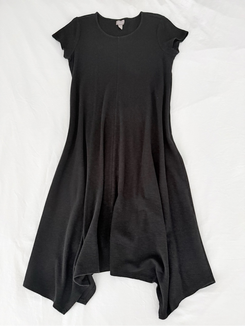 Chico’s Black Swing Midi Dress Pointed Handkerchief Hem Cotton Modal Size 2 (L)